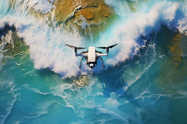 Un drone vola sopra l'oceano e la terra vola sopra loceano.