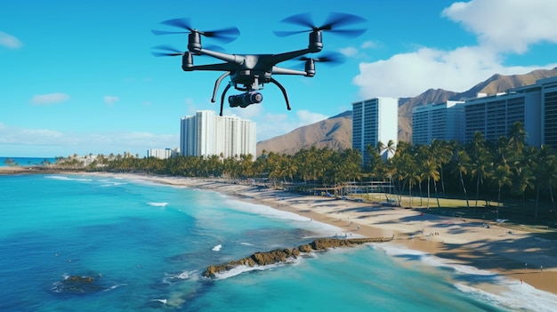 Un drone vola sopra la spiaggia di Waikiki alle Hawaii catturando immagini aeree generate dall'AI