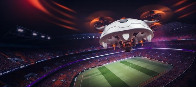 Un drone vola sopra lo stadio filmando un evento sportivo AI generativa