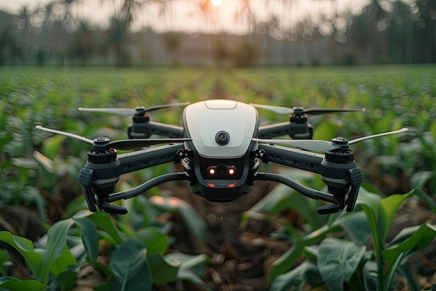 Un drone vola su un campo di piante verdi Tecnologie moderne nell'agricoltura