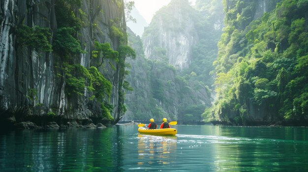 Un duo avventuroso in kayak attraverso acque tranquille fiancheggiate da alte scogliere e foreste lussureggianti