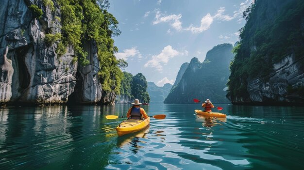 Un duo avventuroso in kayak attraverso acque tranquille fiancheggiate da alte scogliere e foreste lussureggianti