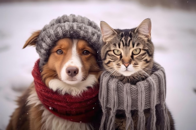 Un duo cane e gatto avvolti in sciarpe di lana nella neve IA generativa
