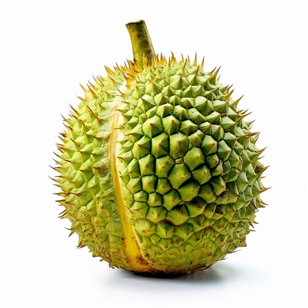 Un durian con sopra una foglia verde