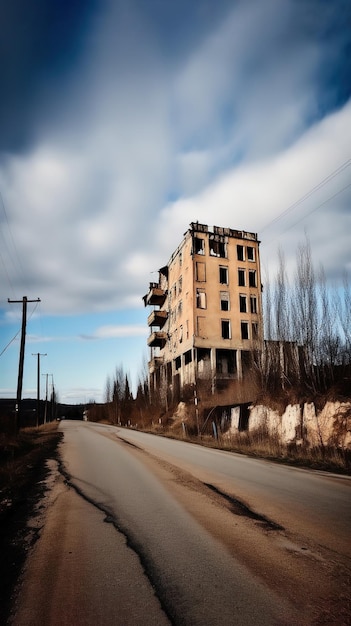 Un edificio abbandonato sul lato di una strada nelle montagne della romania.