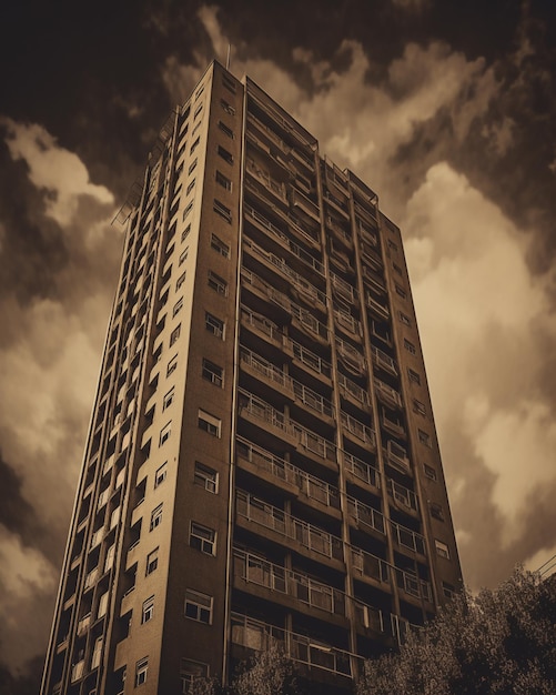 Un edificio alto con balconi e un balcone in cima.