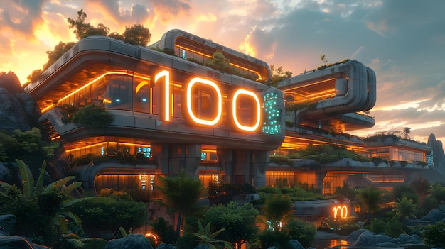 un edificio alto con il numero 100 illuminato L'edificio ha una tonalità arancione al neon e è circondato da piante