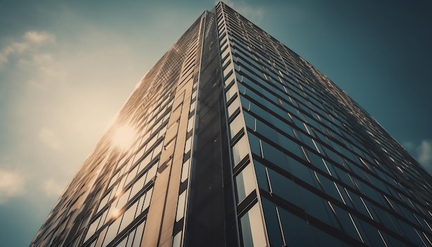 Un edificio alto con il sole che splende su di esso