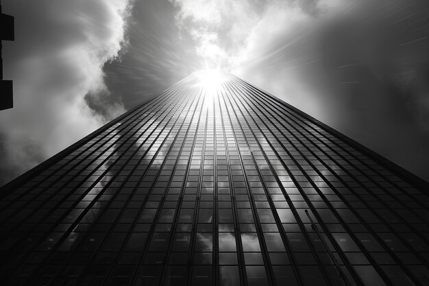 Un edificio alto con uno sfondo cielo e nuvole sullo sfondo con un raggio di sole al centro di
