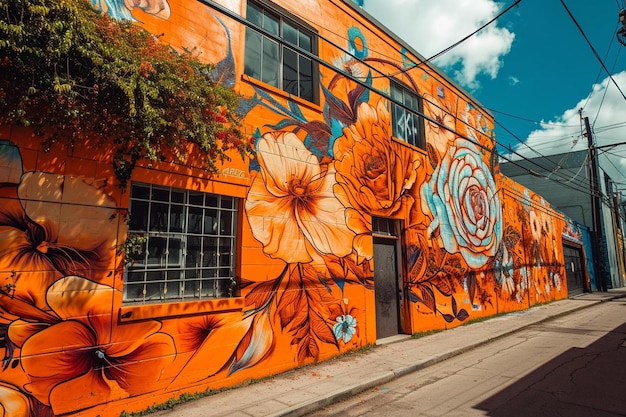 un edificio arancione con fiori dipinti su di esso