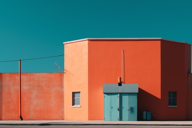 Un edificio arancione con una porta blu e una porta blu.