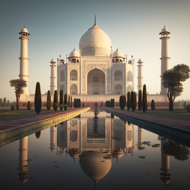 Un edificio bianco con un riflesso del taj mahal nell'acqua.