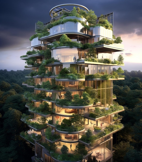 un edificio con alberi in cima e un tetto verde.