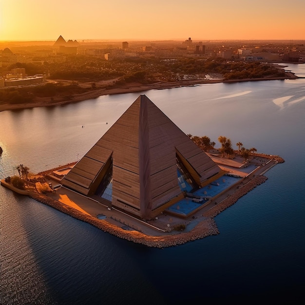 Un edificio con sopra una piramide è nell'acqua