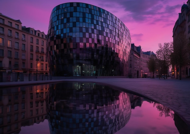 Un edificio con un cielo viola e la scritta sopra