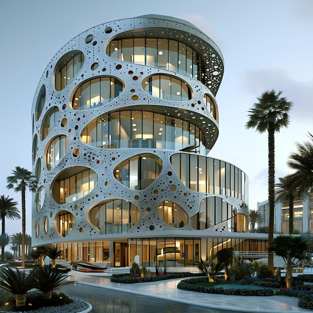 Un edificio con un design a spirale sul lato di esso al crepuscolo con palme sullo sfondo e un