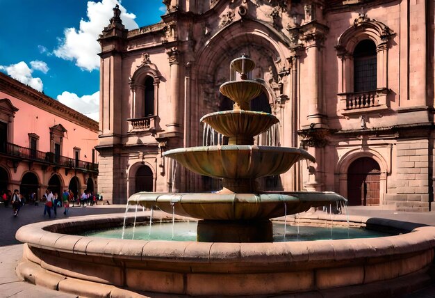 un edificio con un grande edificio rosa con una grande fontana di fronte ad esso