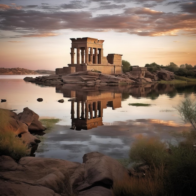 Un edificio con un riflesso del tramonto nell'acqua