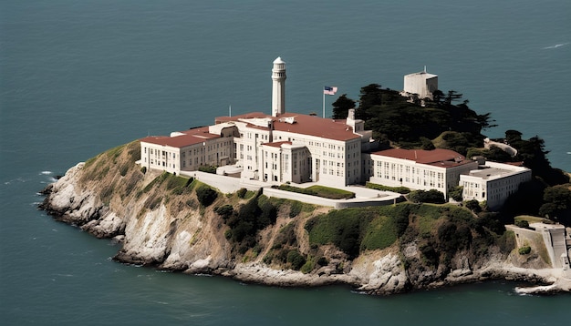 un edificio con un tetto rosso si trova su una scogliera che si affaccia sull'oceano