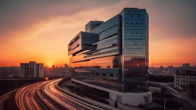 Un edificio con un tramonto sullo sfondo