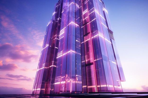 Un edificio con una facciata in vetro viola e una facciata in vetro rosa e viola.