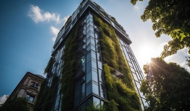 Un edificio con una facciata verde e il sole che splende su di essa.