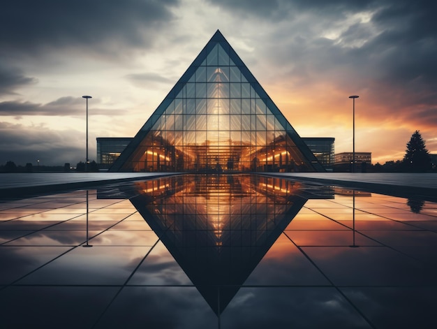un edificio con una grande finestra a forma triangolare al tramonto