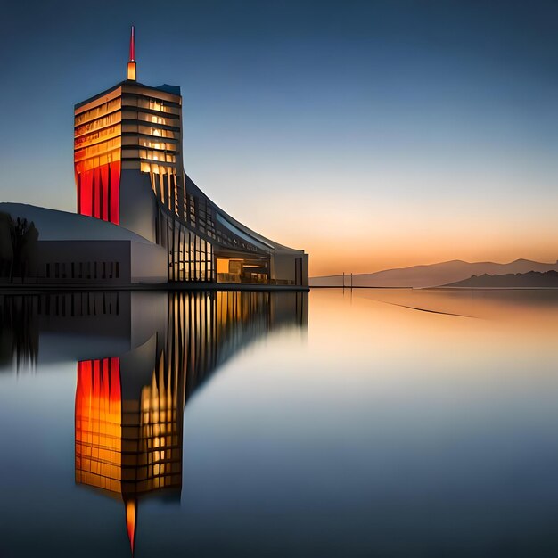 un edificio con una luce rossa in cima è riflesso nell'acqua