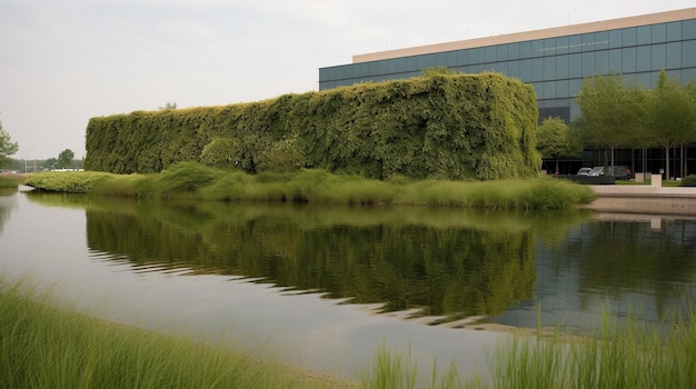 Un edificio con una parete verde e un edificio con una facciata blu e un edificio con molti alberi sopra.