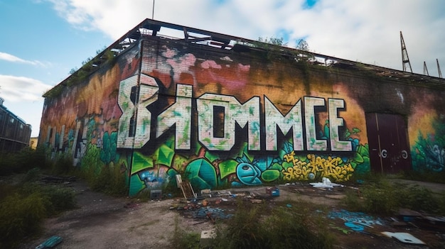 Un edificio coperto di graffiti con sopra la parola bioma