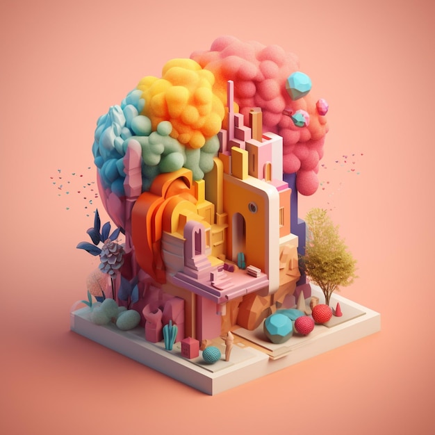 un edificio dai colori vivaci con un albero e un mazzo di palloncini che generano un'intelligenza artificiale