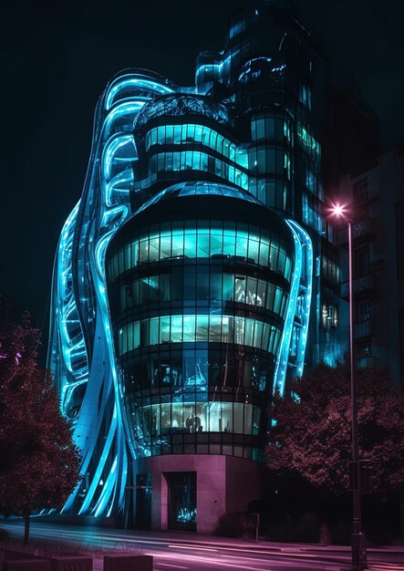 Un edificio dal design blu e verde con la scritta 'il polpo'