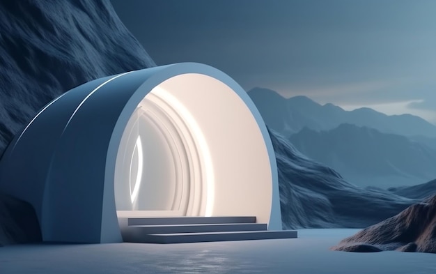 Un edificio dall'aspetto futuristico con una montagna sullo sfondo.