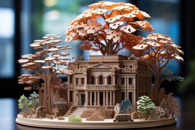 Un edificio di arte digitale realizzato con carte in stile kirigami illustrazione quilling