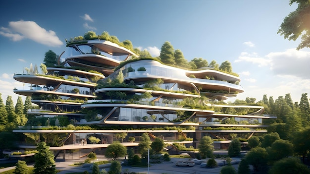 Un edificio ecologico sostenibile con architettura innovativa e caratteristiche di efficienza energetica