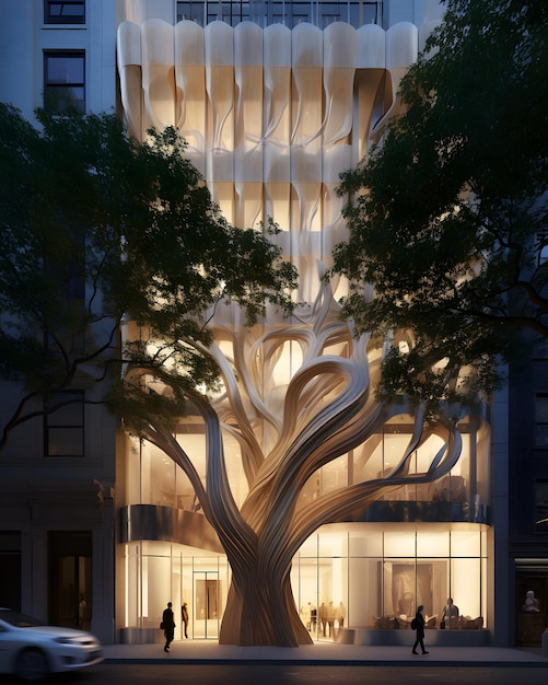 Un edificio ha un grande albero contorto all'esterno nello stile di rappresentazioni realistiche del ronzio