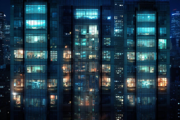 un edificio illuminato di blu con una luce blu sul fondo