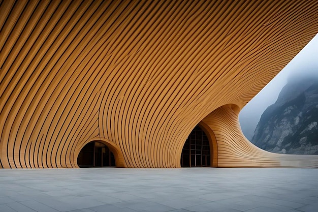 Un edificio in legno con tetto curvo e una montagna sullo sfondo.