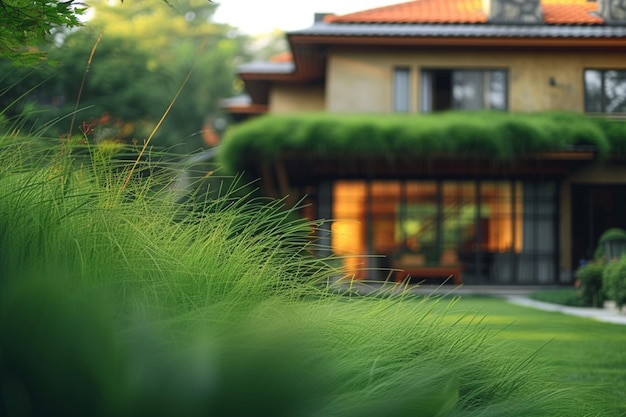 Un edificio incorniciato da un'erba verde lussureggiante in un ambiente tranquillo