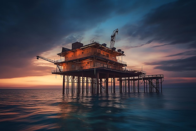 Un edificio nel mare con un tramonto sullo sfondo