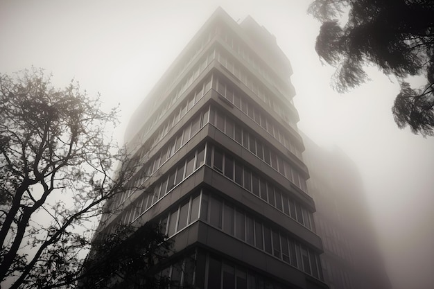 Un edificio nella nebbia con sopra il numero 7