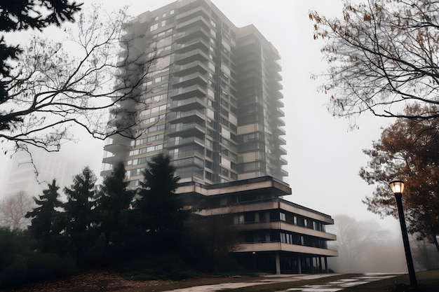 Un edificio nella nebbia con sopra la scritta hotel