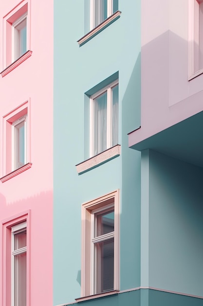 Un edificio rosa e blu con un balcone e una finestra