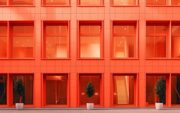 Un edificio rosso con tante finestre e un albero al centro.