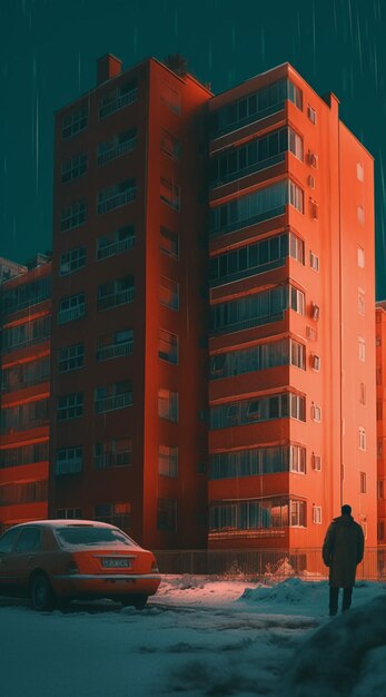 Un edificio rosso con un uomo che cammina davanti