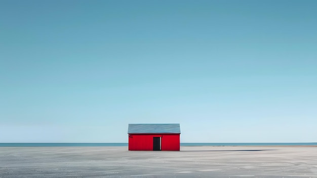 un edificio rosso con una porta rossa è sulla spiaggia