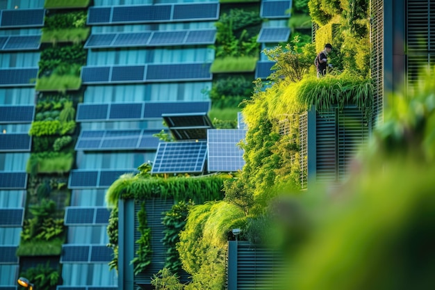 Un edificio sostenibile adornato da un'abbondanza di piante verdi fiorenti che creano un'oasi urbana vibrante ed ecologica