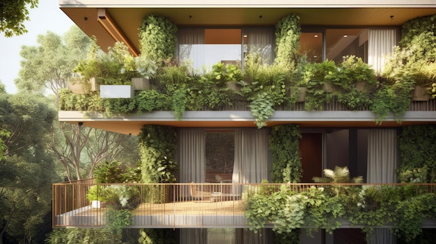 Un edificio sostenibile con un impegno per un design ecocompatibile generato dall'intelligenza artificiale