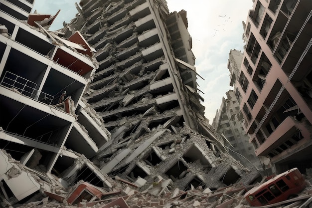 Un edificio sta crollando e il cielo è blu e l'edificio è rosso.