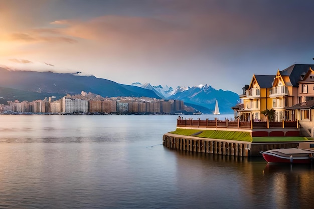 Un edificio su un molo con una montagna sullo sfondo